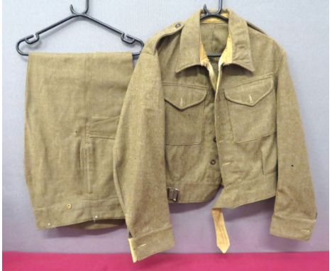 WW2 1940 Pattern Battledress Jacket And Trousers Dated 1945 khaki, woollen, single breasted, closed collar, short jacket. &nb