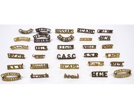 30 x Canadian Brass Shoulder Titles including British Columbia ... Elgin ... VIII CH ... RCE ... SSR ... Chaudier ... TRR ...