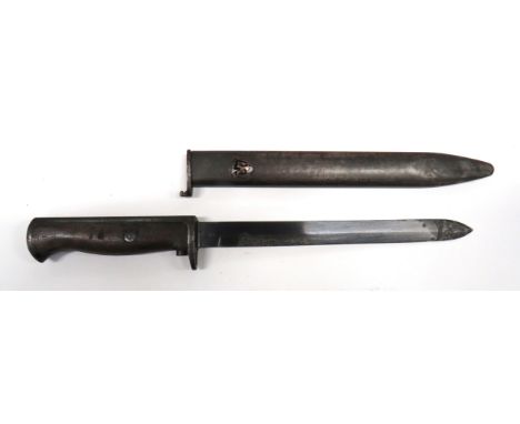Norway M1894 Krag Jorgensen Knife Bayonet 8 1/4 inch, single edged blade with one piece crossguard, spine and pommel. Wooden 