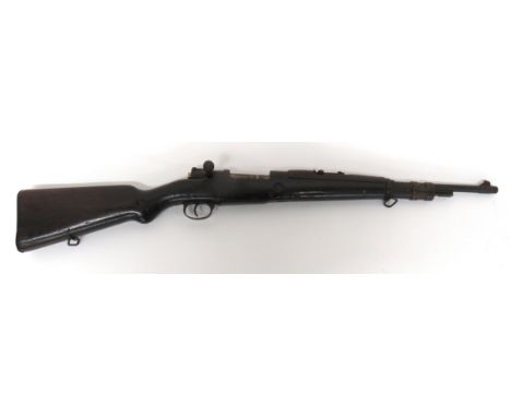 Deactivated Belgian Contract Mauser Carbine 7.92 mm, 17 1/4 inch, blackened barrel with front blade sight. &nbsp;Small, rear 