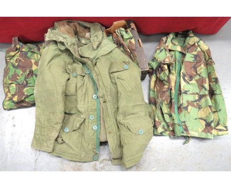 Selection Of Vintage Combat Clothing including Korean war period, green, middle fishtail parka with detachable hook. &nbsp;In