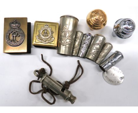 Small Selection Of Swagger Stick Tops And Match Case stick tops include white metal thimble top, KC Transjordan Frontier Forc