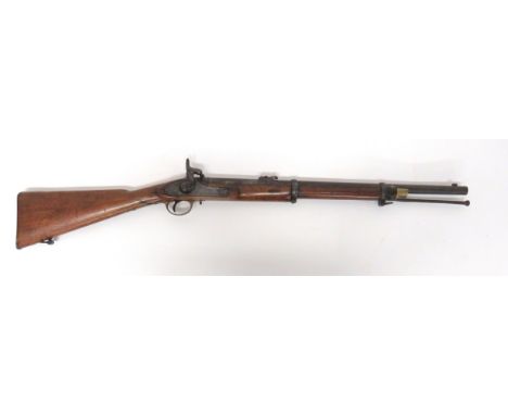 1858 Enfield Percussion Rifled Carbine .577, 24 inch, rifled barrel. &nbsp;Front block blade sight. &nbsp;Rear, small ladder 