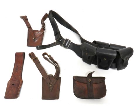 Interwar 1903 Pattern 50 Round Leather Bandolier black leather bandolier with five attached leather pouches. &nbsp;Steel join