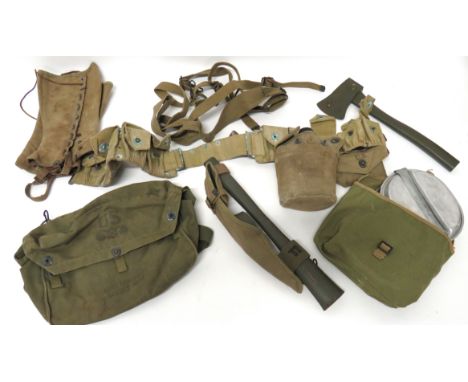 Selection of American WW2 Period Equipment consisting light khaki, 10 pouch ammunition belt. &nbsp;Fitted with first aid pouc