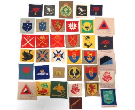 36 x Australian Formation Badges including printed 6th Australian Div ... Bevo weave 4th Australian Armoured Brigade ... Felt