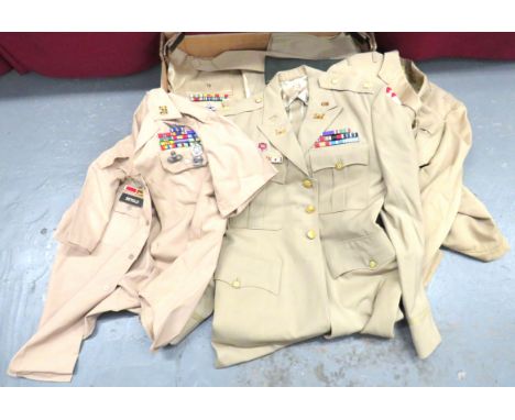 Selection Of Post WW2 American Uniforms including light khaki, service dress tunic. &nbsp;Corps Of Engineers collar badges. &