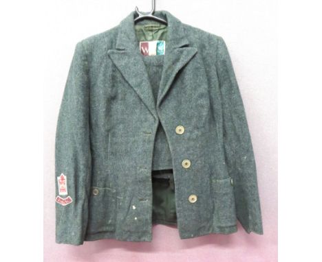 Women's Voluntary Service Portsmouth Jacket And Skirt green grey fleck, woollen tweed, single breasted, open collar jacket. &