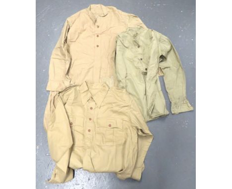 Three British Army WW2 Pattern Shirts consisting khaki, Aertex, fixed collar, part opening front shirt. &nbsp;Pleated breast 
