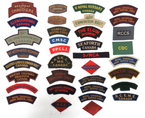 35 x Canadian Printed Shoulder Titles including 48th Highlanders Of Canada ... 6 Royal Hussars Canada ... 49th Edmonton Regt 