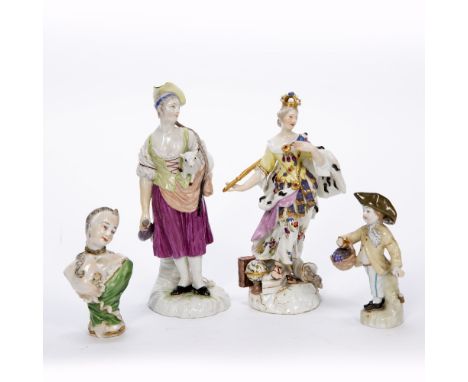 Group of four porcelain figures 19th Century, to include a Ludwigsburg figure of a maiden holding a lamp, painted figures to 