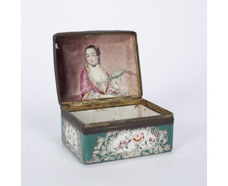 Enamel lidded box 18th Century, possibly Battersea, decorated in ground turquoise with foliate panels, the inside lid decorat