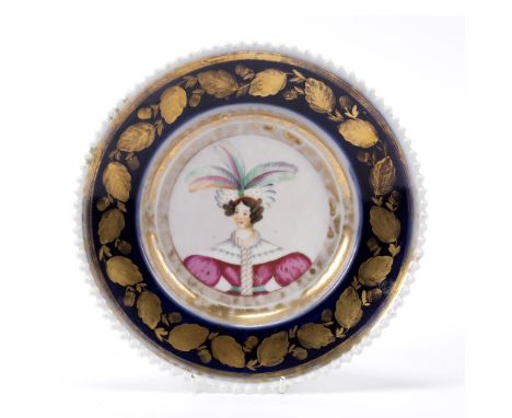 Russian porcelain portrait plate circa 1840, Safronov factory, painted with a portrait of a lady, the blue border with gilded