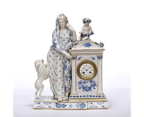 Meissen porcelain cased mantel clock 19th Century, surmounted with a seated putto holding a grape vine, next to a standing fi