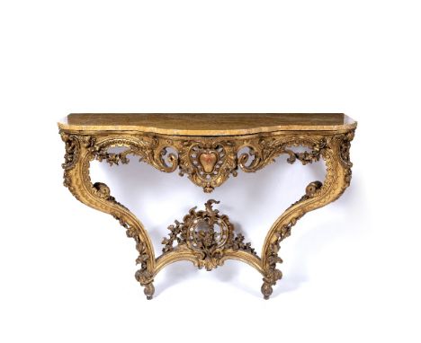 Giltwood and plaster Italianate console table 19th Century, with marble top, having a serpentine front with fruit and foliate