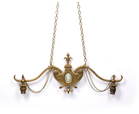 French style brass twin branch wall light with  Wedgwood jasperware style plaque to the centre, 52cm across overall approx 