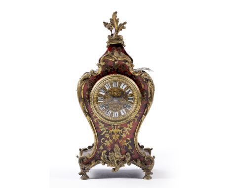 Red tortoiseshell and Boulle mantel clock  French, 19th Century, with gilt metal dial and white enamel Roman numeral plaques,