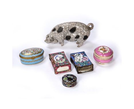 Studio ceramic pig  with crackle glaze, indistinctly signed and dated, a Limoges ceramic box, one other ceramic box, a miniat