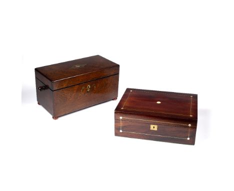 19th Century rosewood tea caddy  with brass and mother of pearl inlay, 33cm wide overall x 18cm high x 16cm deep and one othe