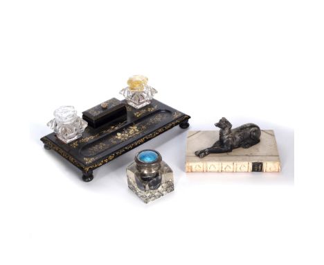 Black lacquer desk stand Victorian, with foliate decoration and two glass ink wells, together with a book stand modelled as a