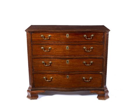 Serpentine mahogany chest George III, with brass swan-neck handles and shaped bracket feet, 102.5cm across, 52cm deep, 89cm h