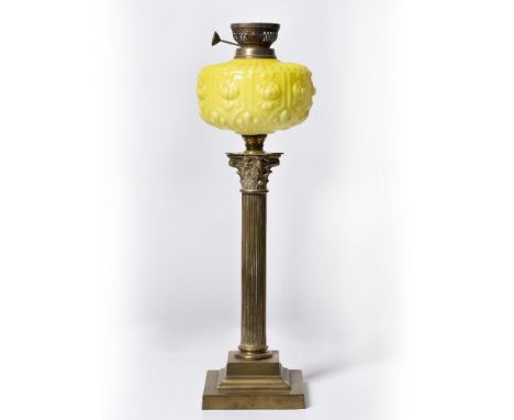 Victorian oil lamp base with glass reservoir on brass Corinthian column, 56cm high  Provenance: Long Court, Randwick, Glos