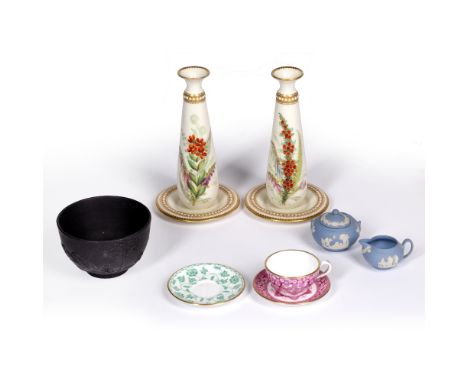 Pair of Royal Worcester porcelain candlesticks  decorated with flowers, 13cm high, Wedgwood black basalt bowl, miniature Wedg
