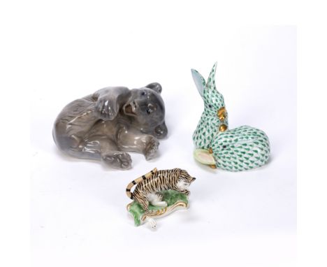Royal Copenhagen bear by Knud Kyhn signed KK, date mark 1938 together with a Continental porcelain model of a leopard, a Here