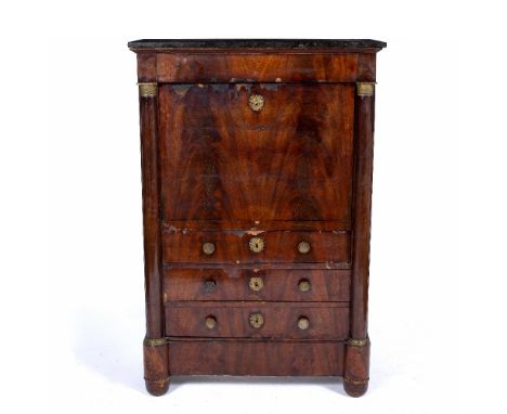 Mahogany Empire escritoire 19th Century, with marble top, fitted writing drawer and pillar sides, 95cm across, 41cm deep, 143