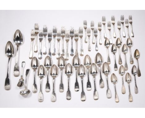 Large collection of Georgian Irish silver cutlery all marked with a family crest, the set consists of a pair of serving spoon