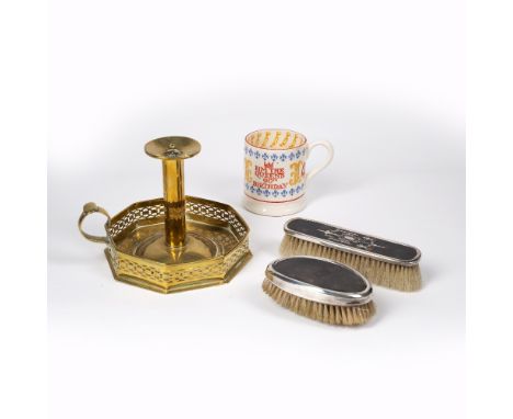 Secessionist style brass chamber stick 13cm high, two silver and tortoiseshell backed brushes and an Emma Bridgewater mug (4)
