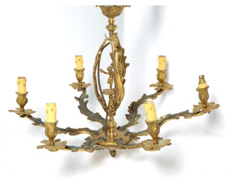Rococo style six branch chandelier with putti and scrolling acanthus decoration, unmarked, 55cm approx overall 