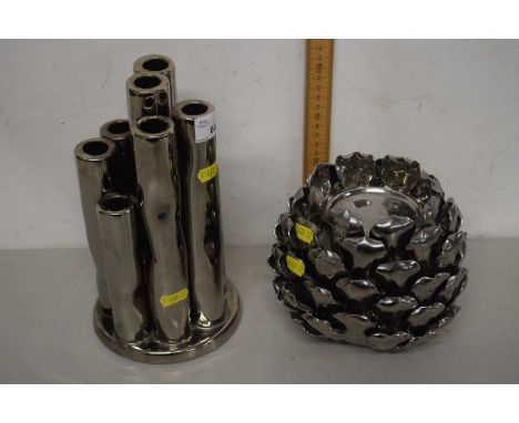 Two modern silver finish ceramic candle stands or vases