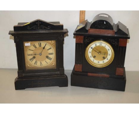 Victorian black slate and red marble cased mantel clock together with a further oak cased mantel clock (2)