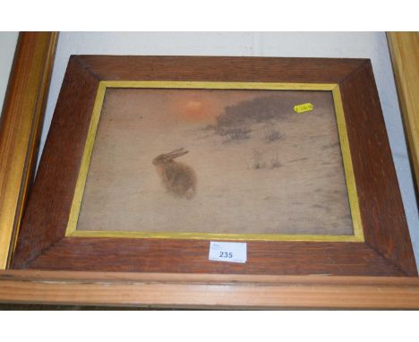 After Weczebzik, coloured print of a winter scene with hare, framed and glazed