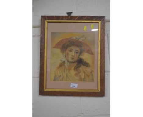Watercolour portrait of a young lady in a hat, oak framed and glazed