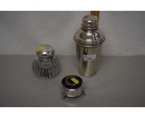Mixed Lot: Silver plated cocktail shaker, silver topped cut glass inkwell and a further silver and tortoiseshell mounted dres