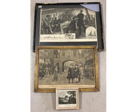 3 vintage framed and glazed engravings. Sunday Service in the North Sea Fishing Fleet: The Thames Church Mission (frame size 