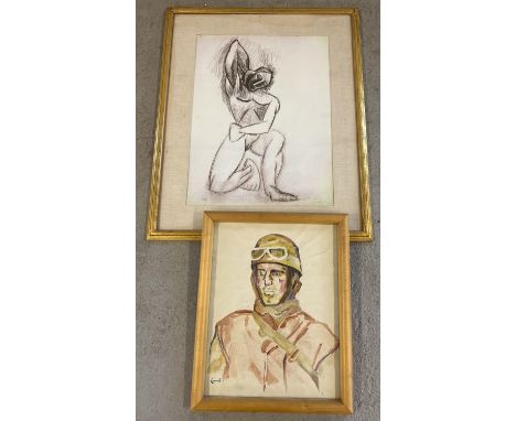 A large guilt Picasso print together with a water colour portrait. Portrait Signed "Lamb" to lower left, depicting a man with