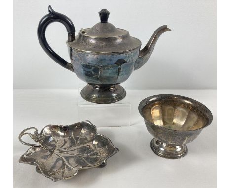 3 vintage silver plated items. A WMF bon bon dish in the form of a vine leaf. Raised on tripod ball feet and with vine and gr