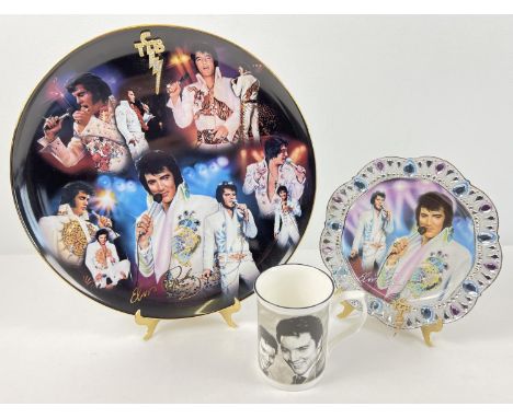 3 items of Elvis Presley memorabilia ceramics, to include 2 limited edition Bradford Exchange TCB plates with brass stands. 