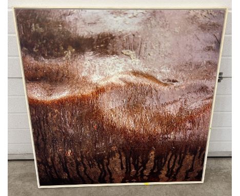 A large modern wooden framed abstract print on brushed aluminium sheet. Approx. 102.5cm x 102.5cm. 