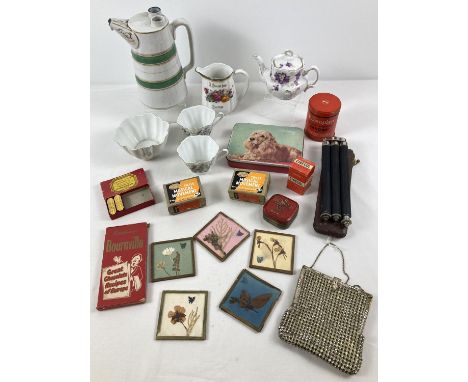 A box of assorted misc vintage items. To include: boxed Hobbies musical movements, Victorian ceramics, tins, stone set evenin