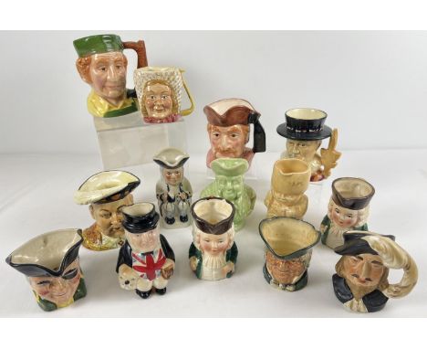 A collection of 14 assorted small and medium sized ceramic character jugs. To include: Falcon Ware, Tony Wood, Royal Doulton 