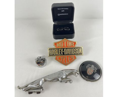 A vintage chrome Jaguar car mascot together with a small collection of misc items. To include boxed Batman DC Comics cufflink