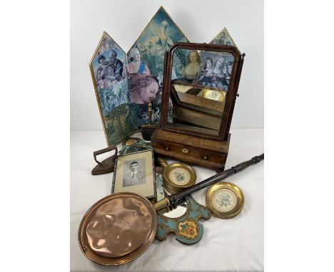 A collection of assorted vintage &amp; antique items. To include wooden framed mirror with floral &amp; gilt detail, copper w