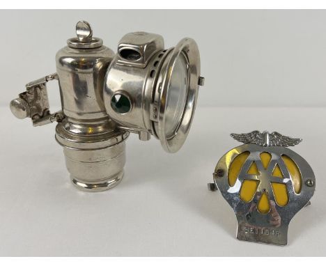 A vintage metal cycle lamp by Lucas together with a vintage car AA badge 3E11048. Lamp approx. 17cm tall. 