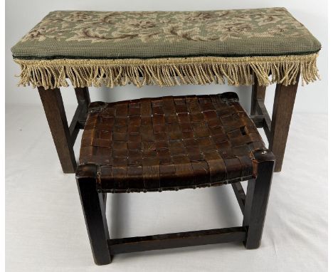 2 vintage wooden stools. A small leather weave topped stool with stud detail, together with a larger wooden framed stool with