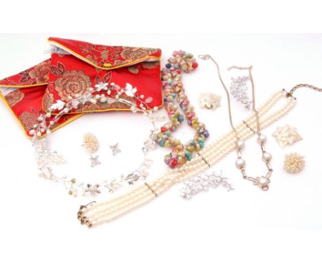 Mixed Lot: crescent shaped paste set floral earrings together with a small pair of paste set earrings, simulated pearl choker