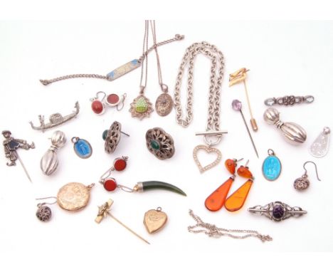 Mixed Lot: two back and front lockets, a jade tusk pendant, two pairs of 925 stamped earrings, a 925 necklace, a pair of mode